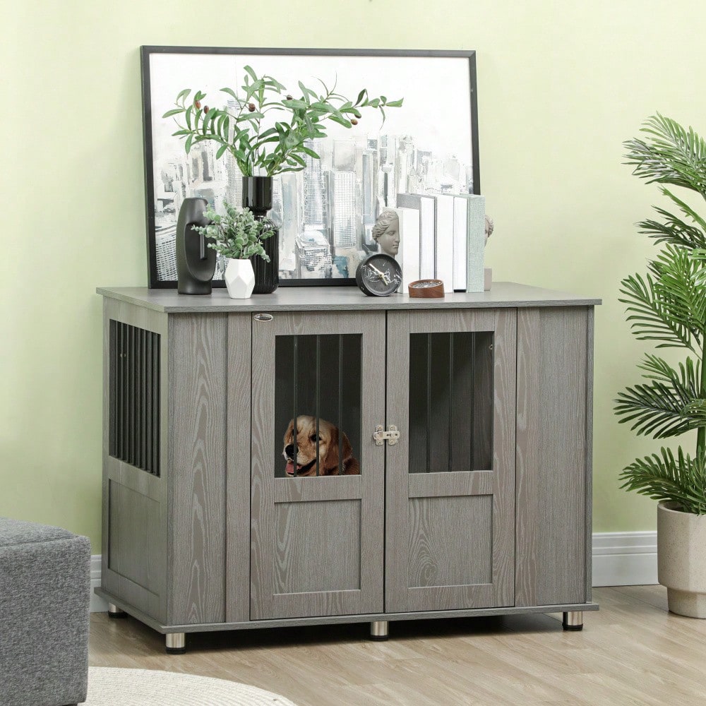 Hundekäfig für extra große Hunde mit Schloss | Sicherer Haustierkäfig mit Magnettür & Fenster | Robustes Hundehaus & Transportbox für Zuhause | Grau | von PawHut