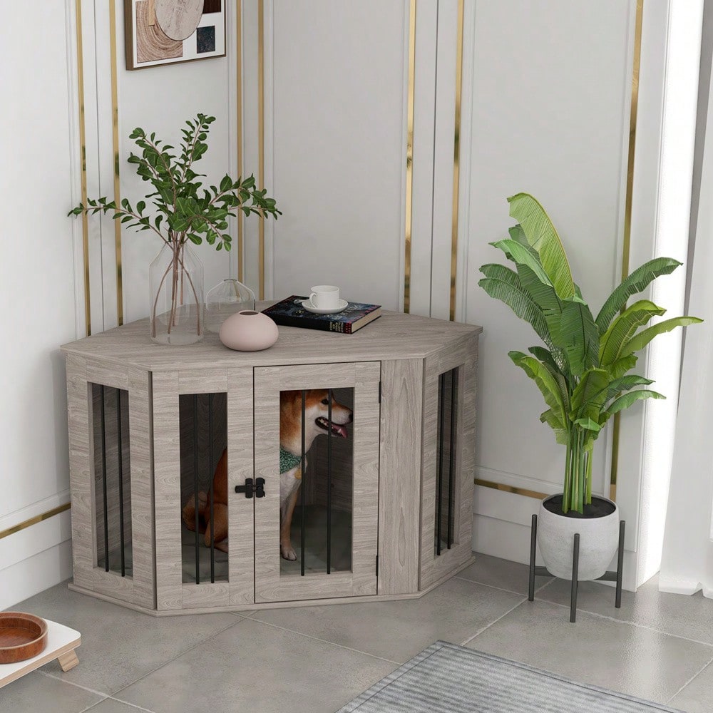 Hundekäfig mit Kissen & eckiger Design | Haustierkäfig mit Türriegel für mittelgroße Hunde | Platzsparendes Hundehaus in Walnuss-Optik | 104x55x63 cm | von PawHut