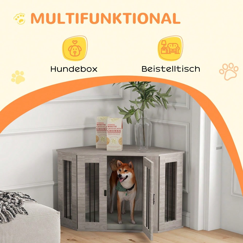 Hundekäfig mit Kissen & eckiger Design | Haustierkäfig mit Türriegel für mittelgroße Hunde | Platzsparendes Hundehaus in Walnuss-Optik | 104x55x63 cm | von PawHut