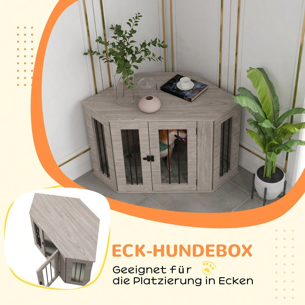 Hundekäfig mit Kissen & eckiger Design | Haustierkäfig mit Türriegel für mittelgroße Hunde | Platzsparendes Hundehaus in Walnuss-Optik | 104x55x63 cm | von PawHut