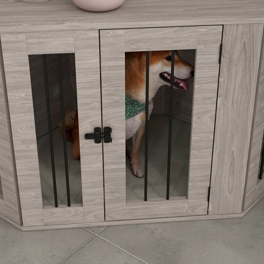 Hundekäfig mit Kissen & eckiger Design | Haustierkäfig mit Türriegel für mittelgroße Hunde | Platzsparendes Hundehaus in Walnuss-Optik | 104x55x63 cm | von PawHut