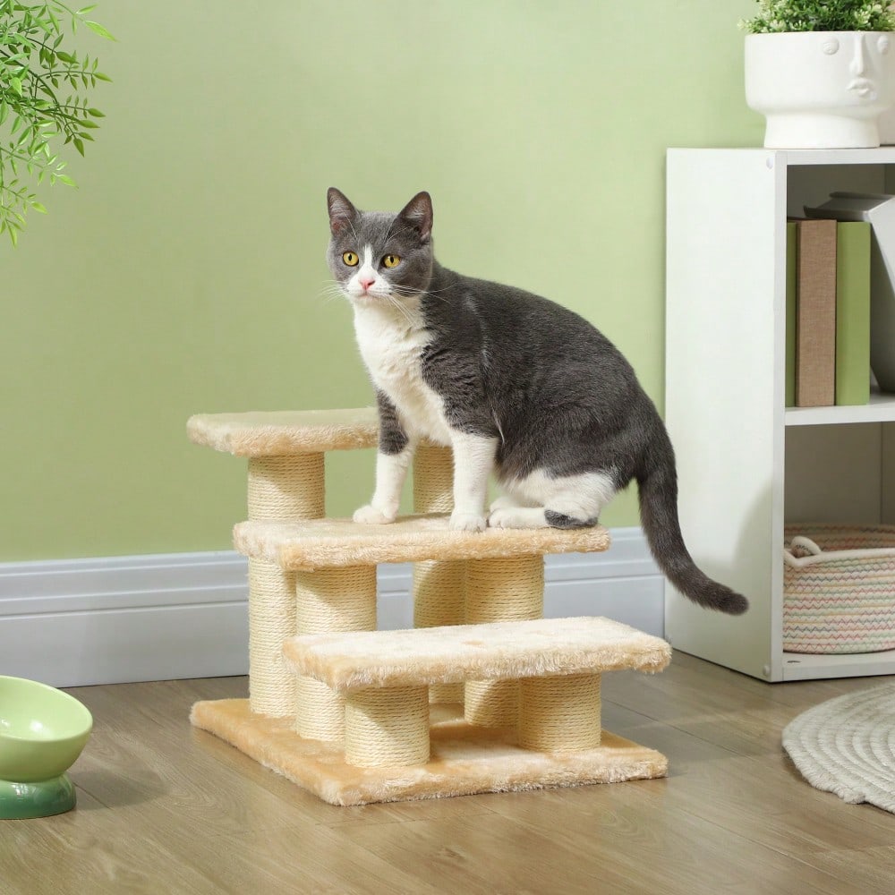 Tiertreppe für alte Katzen mit Arthritis | Mit niedrigen Stufen (11 cm) & weicher Polsterung | Leicht zu steigen für Hunde & Katzen | Cremefarben | von PawHut