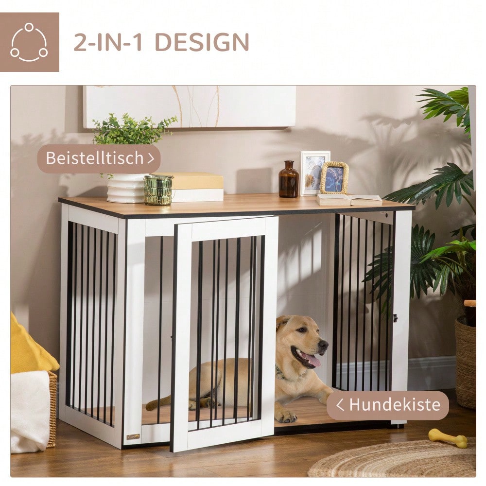 Hundekäfig für die Wohnung | Für kleine & mittelgroße Hunde | Mit verriegelbaren Türen & Spanplatten-Dach | 106x60x76 cm | Dunkelbraun/Weiß | von PawHut