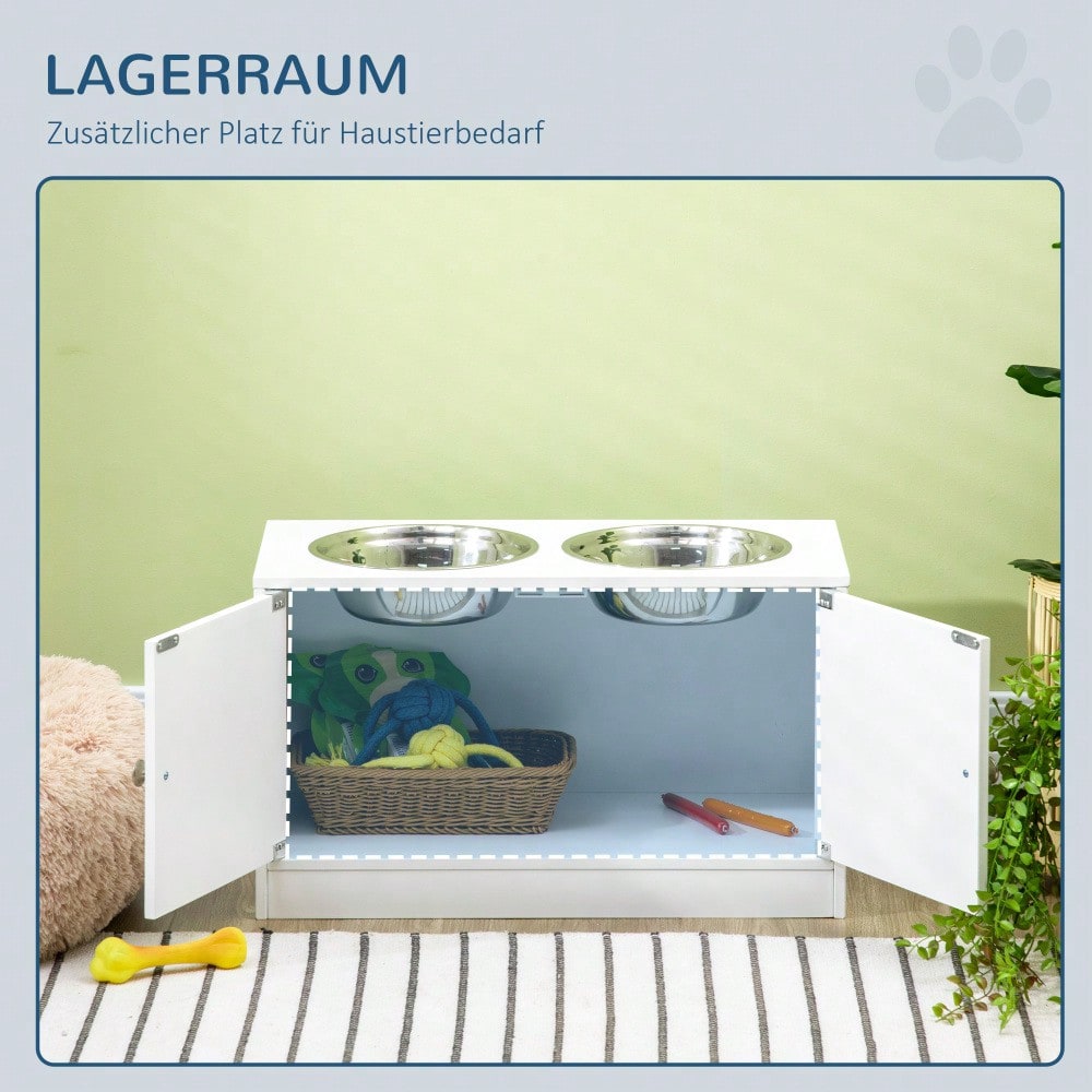 Hundenapfständer mit 44L Stauraum & Magnettüren | Erhöhte Futterstation mit 2 Edelstahlschüsseln | Für große Hunde | Futternapf & Wassernapf | Weiß | von PawHut