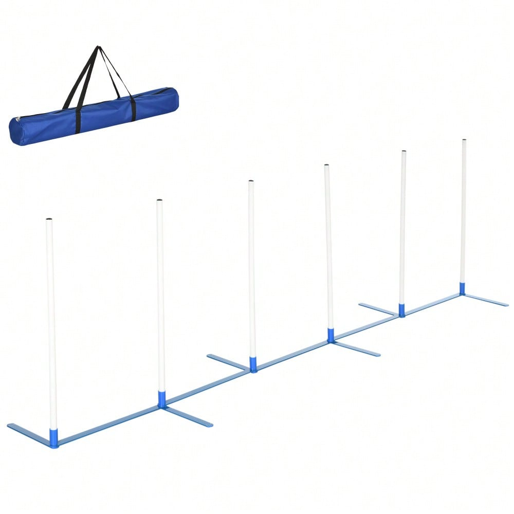 Agility Training Set mit Slalomstangen für Hunde | Komplett-Set inkl. Tragetasche aus 600D Polyester | Für Hundesport & Obedience | Weiß/Blau | 305x60x94 cm | von PawHut