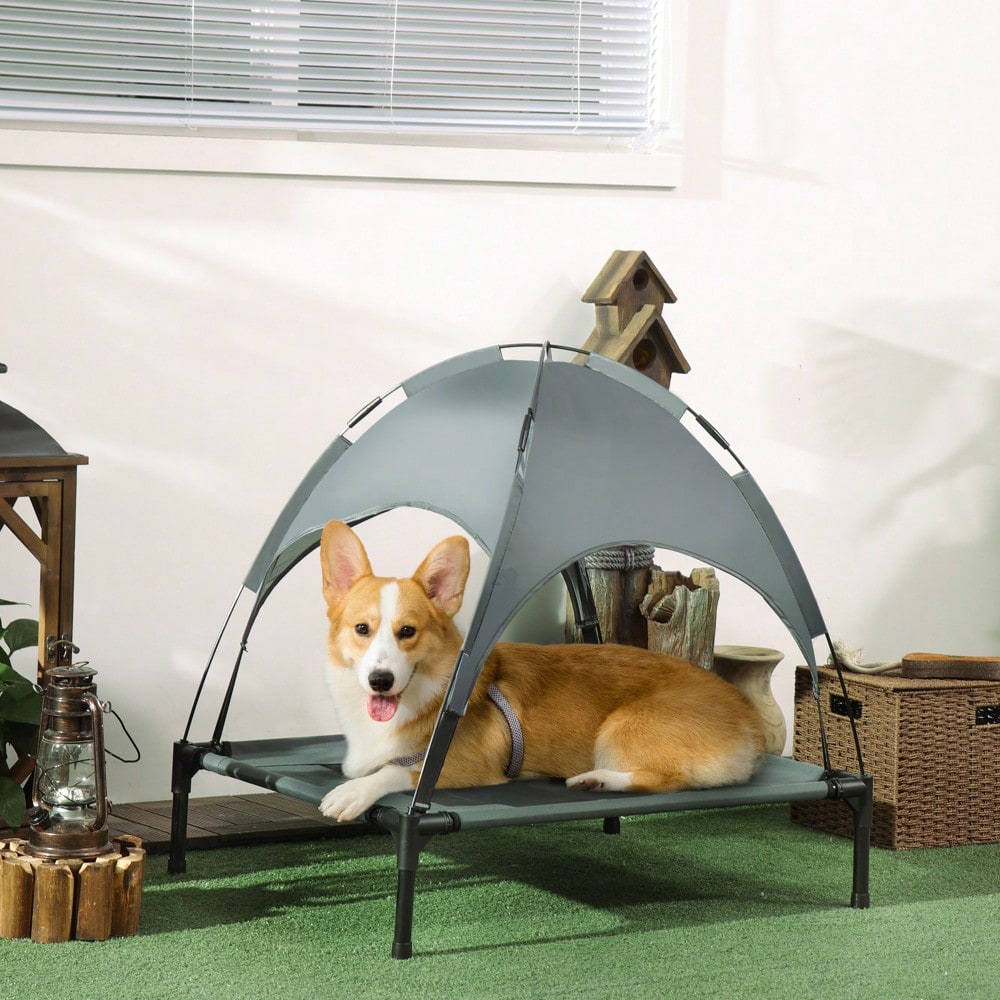 PawHut Outdoor Hundebett mit Dach, erhöhte & atmungsaktive Liege aus Taftstoff für Hunde, grau, 76x61x73 cm