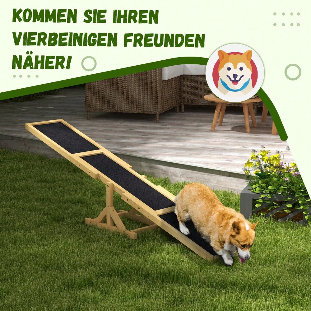 PawHut Agility-Wippe aus Holz, rutschfeste Balance-Trainingsrampe für Hunde bis 30 kg, 180x30x30 cm, gelb