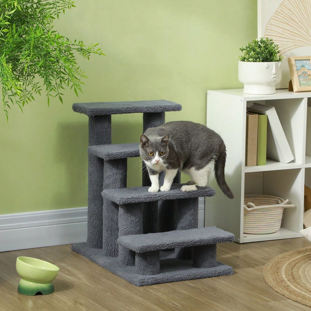 PawHut 4-stufige Tiertreppe für Katzen und Hunde, Treppe für ältere und kleine Tiere, 63,5x43x60 cm, grau