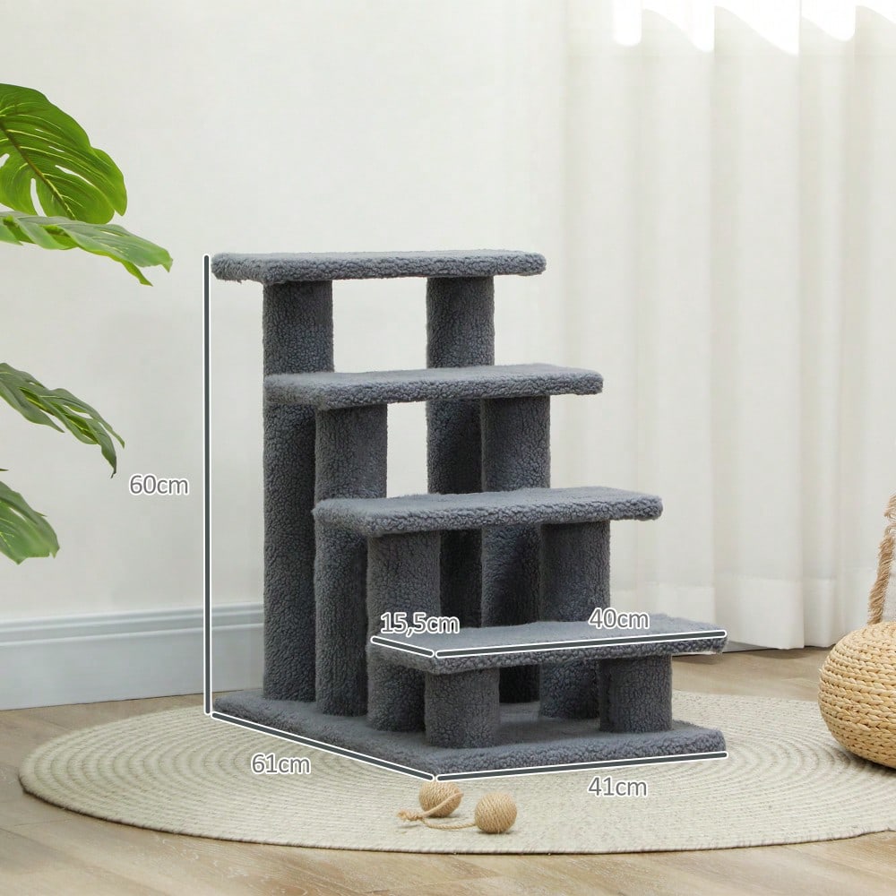 PawHut 4-stufige Tiertreppe für Katzen und Hunde, Treppe für ältere und kleine Tiere, 63,5x43x60 cm, grau