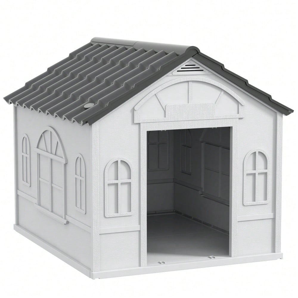 PawHut Hundehütte mit Satteldach, wetterfeste Outdoor-Hundehütte für mittelgroße Hunde bis 20 kg, 65x75,7x63 cm, grau