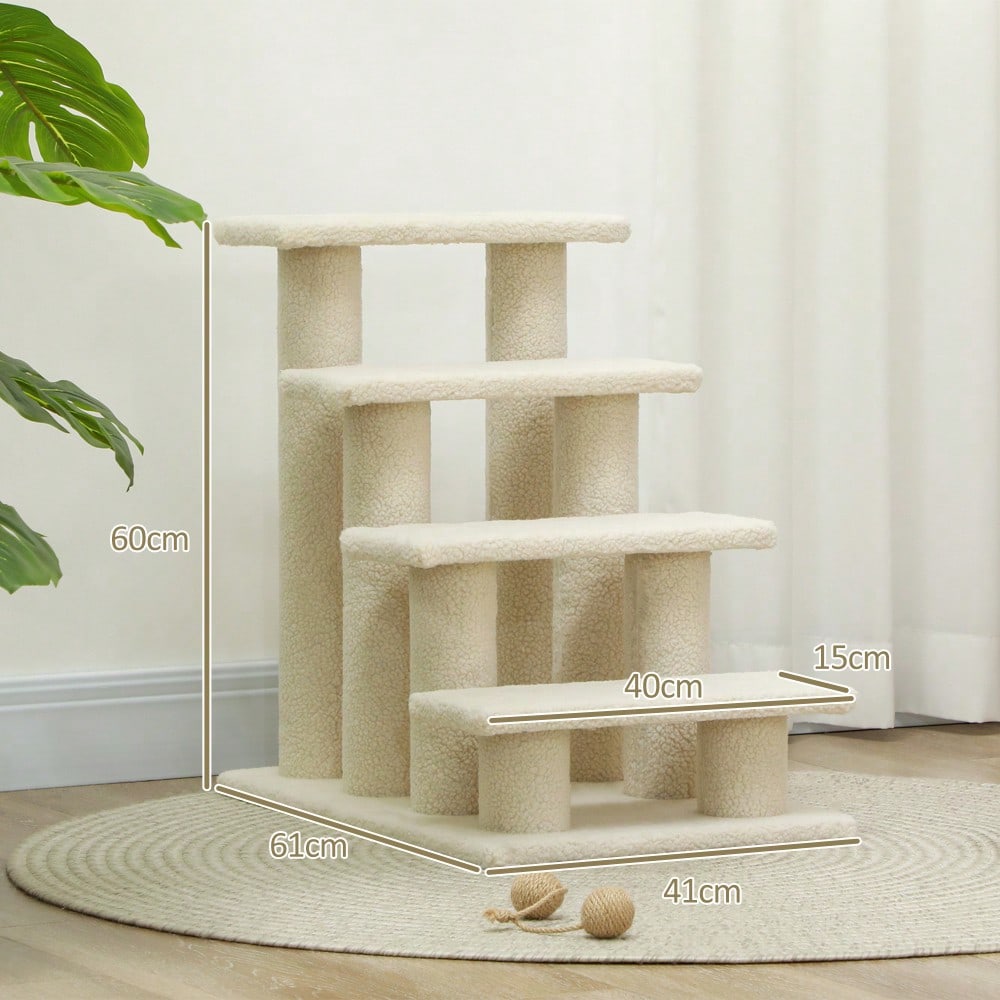 PawHut 4-stufige Tiertreppe mit Plüschbezug für Hunde & Katzen, weiche Treppe für ältere Tiere, 63,5x43x60 cm, beige