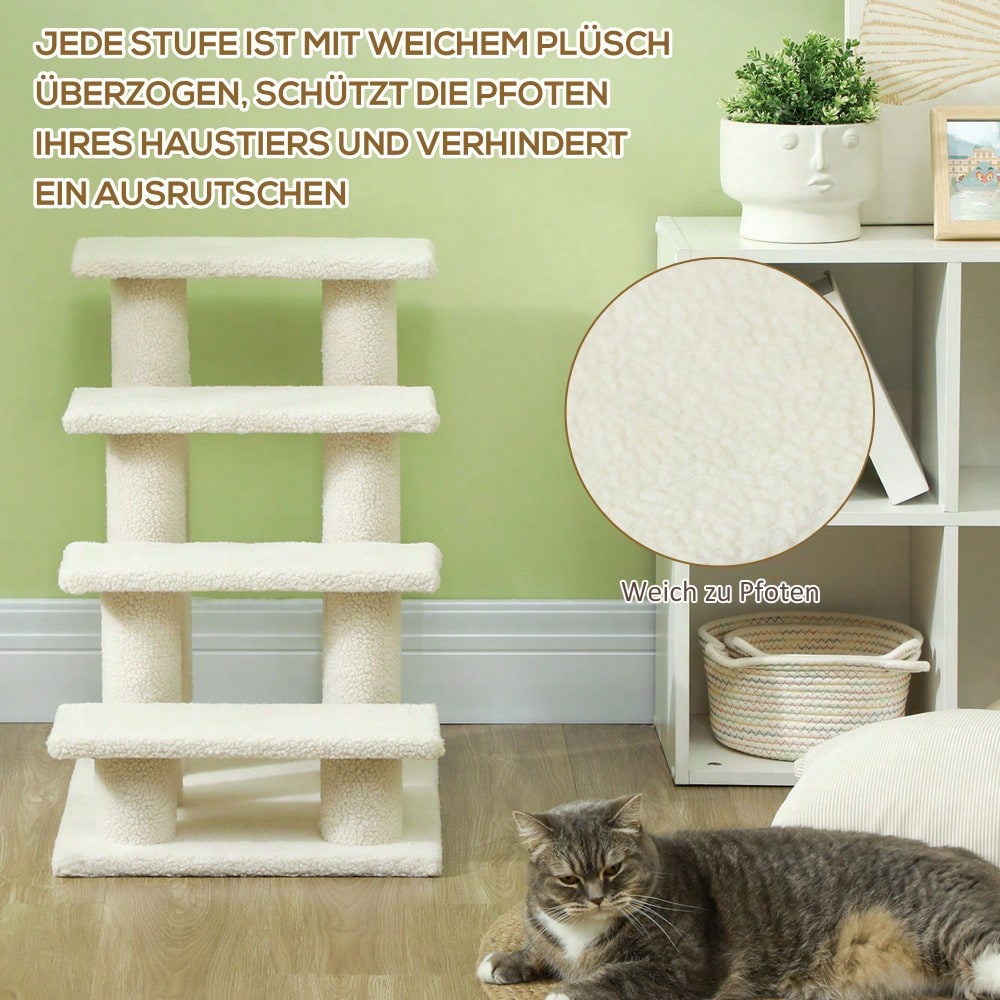 PawHut 4-stufige Tiertreppe mit Plüschbezug für Hunde & Katzen, weiche Treppe für ältere Tiere, 63,5x43x60 cm, beige