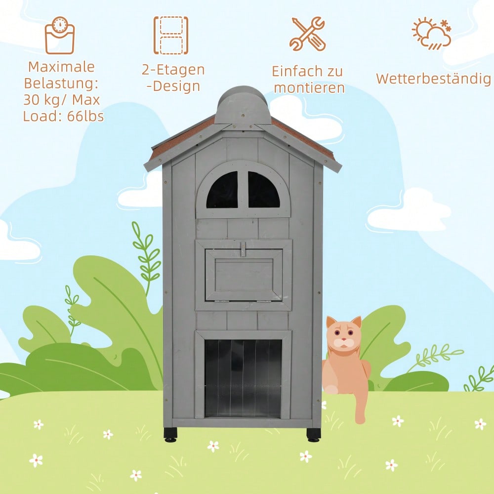 PawHut Katzenhaus multifunktional als Katzenbett oder Katzentoilette, Katzenschrank aus Tannenholz mit Asphaltdach, grau, 59x55x109 cm