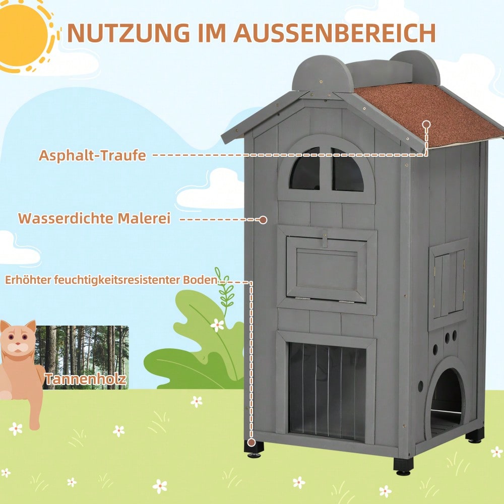PawHut Katzenhaus multifunktional als Katzenbett oder Katzentoilette, Katzenschrank aus Tannenholz mit Asphaltdach, grau, 59x55x109 cm