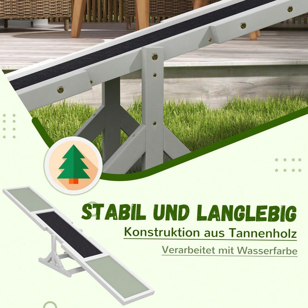 PawHut Agility-Wippe aus Holz mit rutschfester Oberfläche, Balance-Trainingsgerät für Hunde bis 30 kg, 180x30x30 cm, weiß