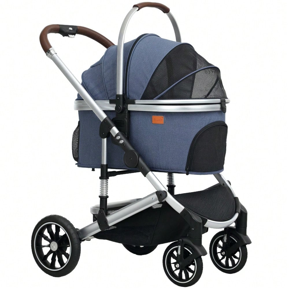 PawHut 3-in-1 Klappbarer Hundebuggy für Hunde & Katzen bis 10 kg, mit Kissen, Becherhalter, Netzfenstern & Stauraum, dunkelblau