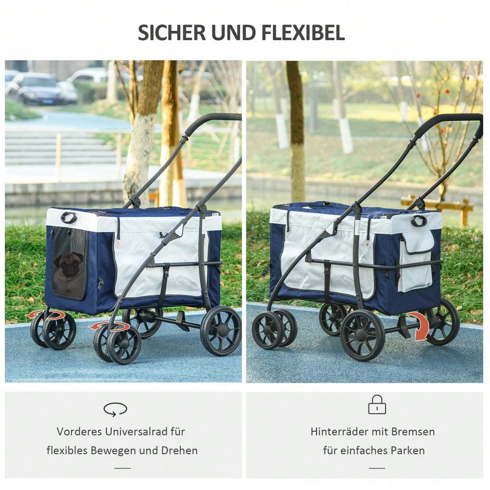 Hundebuggy 2 in 1 klappbar mit abnehmbarem Korb | Hundetrolley für kleine & Miniatur Hunde | Inkl. 2 Sicherheitsleinen | Farbe: Blau | von PawHut