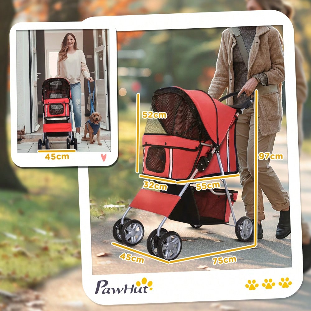 PawHut Hundebuggy faltbar & leicht in rot, Kinderwagen für kleine Hunde & Katzen, transportabel und platzsparend