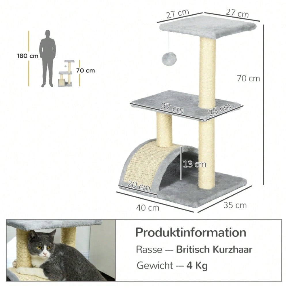 PawHut Kratzbaum Katzenturm 72 cm mit Sisalstämmen, Plüschballen, Plattform & Kratzbrett, hellgrau