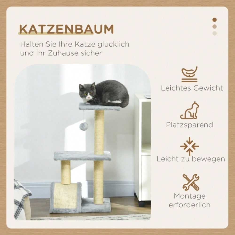 PawHut Kratzbaum Katzenturm 72 cm mit Sisalstämmen, Plüschballen, Plattform & Kratzbrett, hellgrau