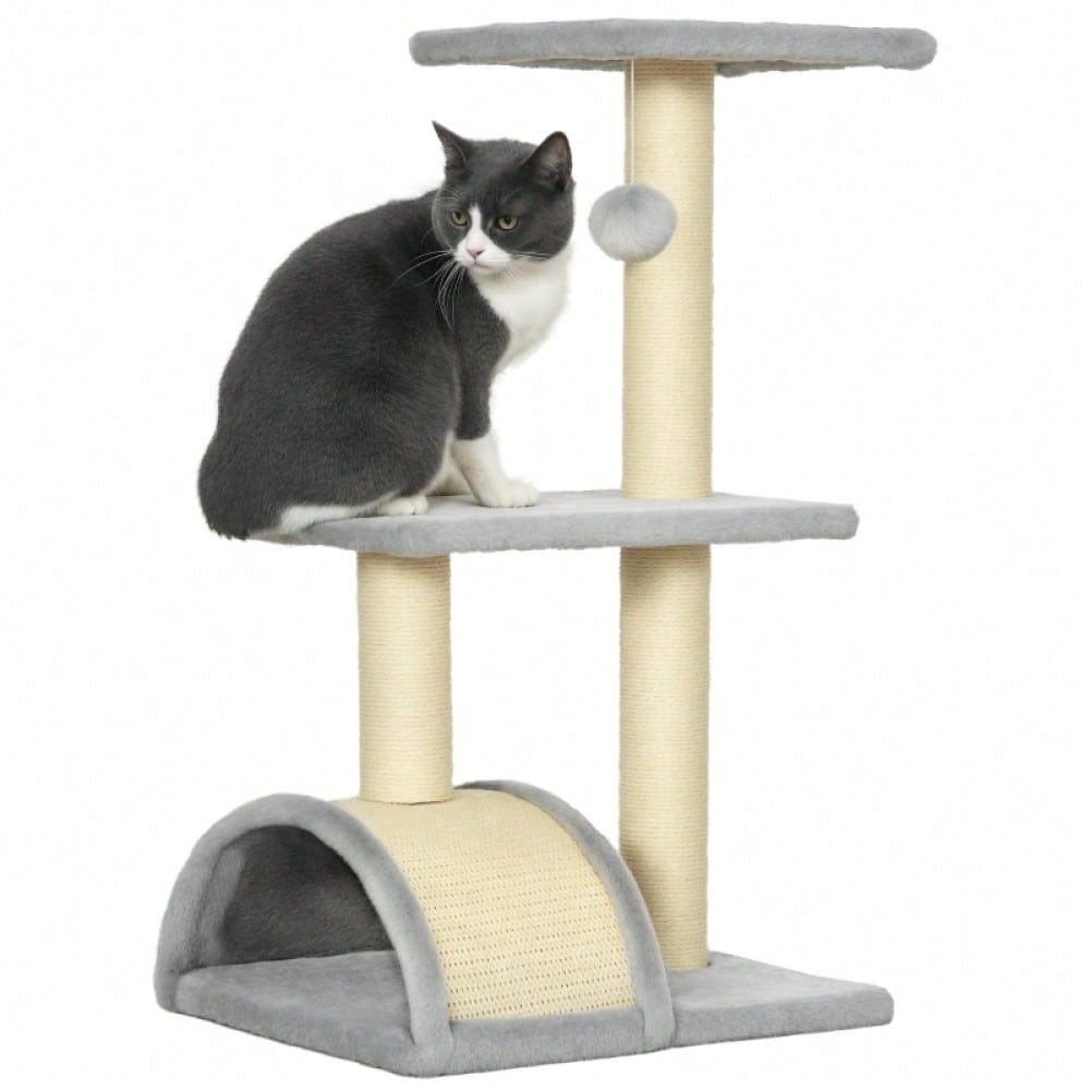 PawHut Kratzbaum Katzenturm 72 cm mit Sisalstämmen, Plüschballen, Plattform & Kratzbrett, hellgrau