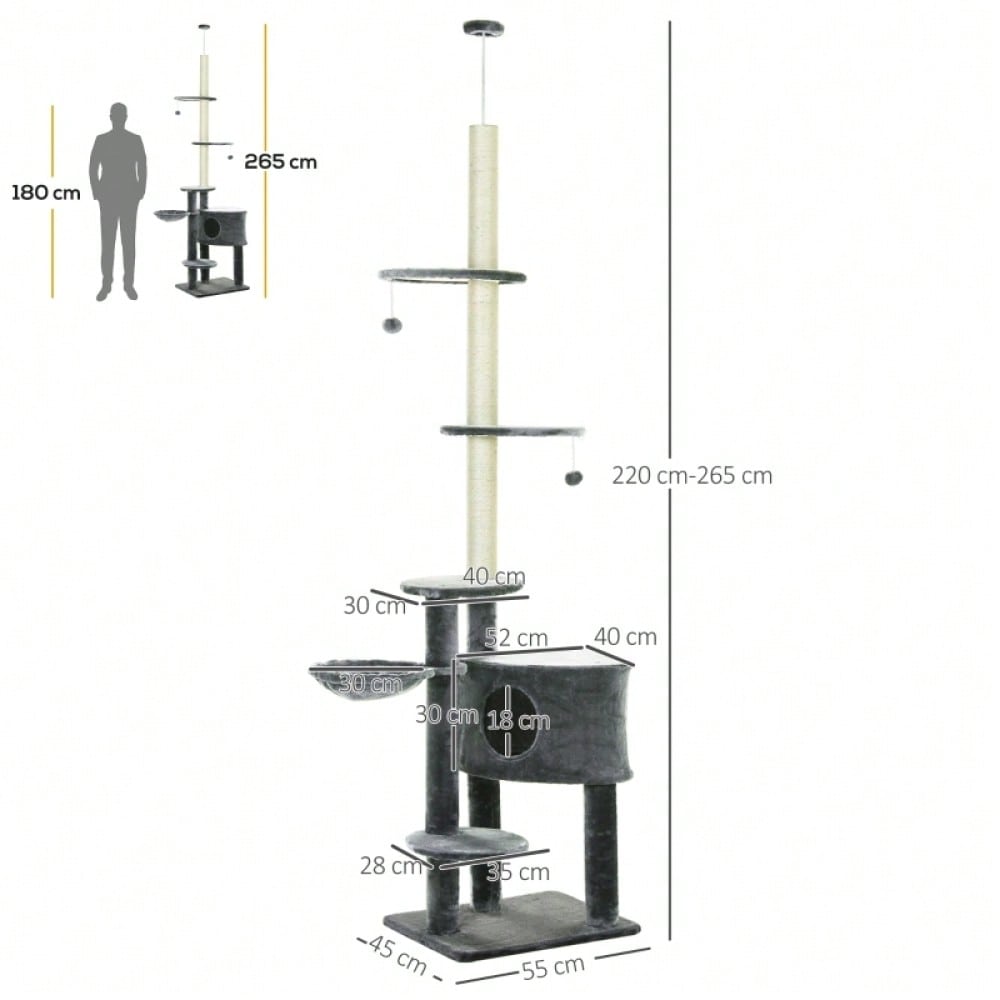 PawHut deckenhoher Kratzbaum 220-265 cm mit Spielbällen, Katzenhöhle, Hängematte & Sisalstämmen, mehrstöckiger Katzenbaum für mittelgroße Katzen, dunkelgrau