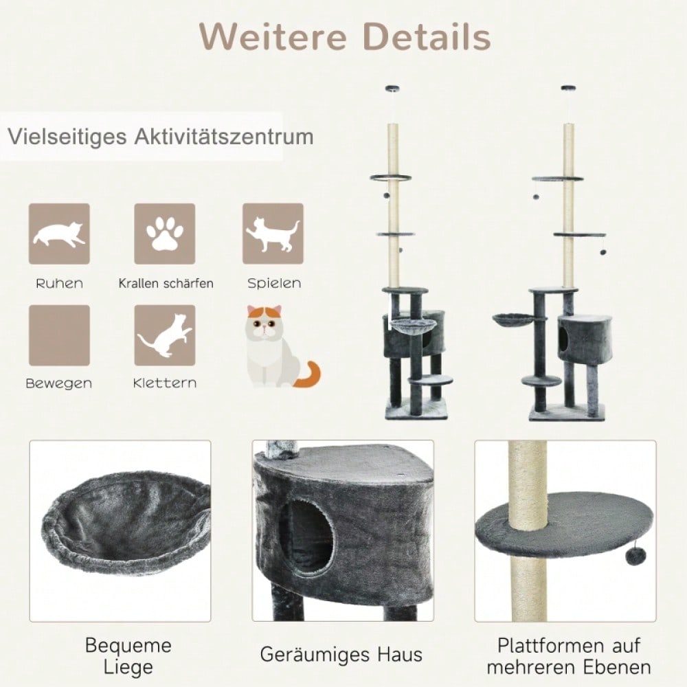 PawHut deckenhoher Kratzbaum 220-265 cm mit Spielbällen, Katzenhöhle, Hängematte & Sisalstämmen, mehrstöckiger Katzenbaum für mittelgroße Katzen, dunkelgrau