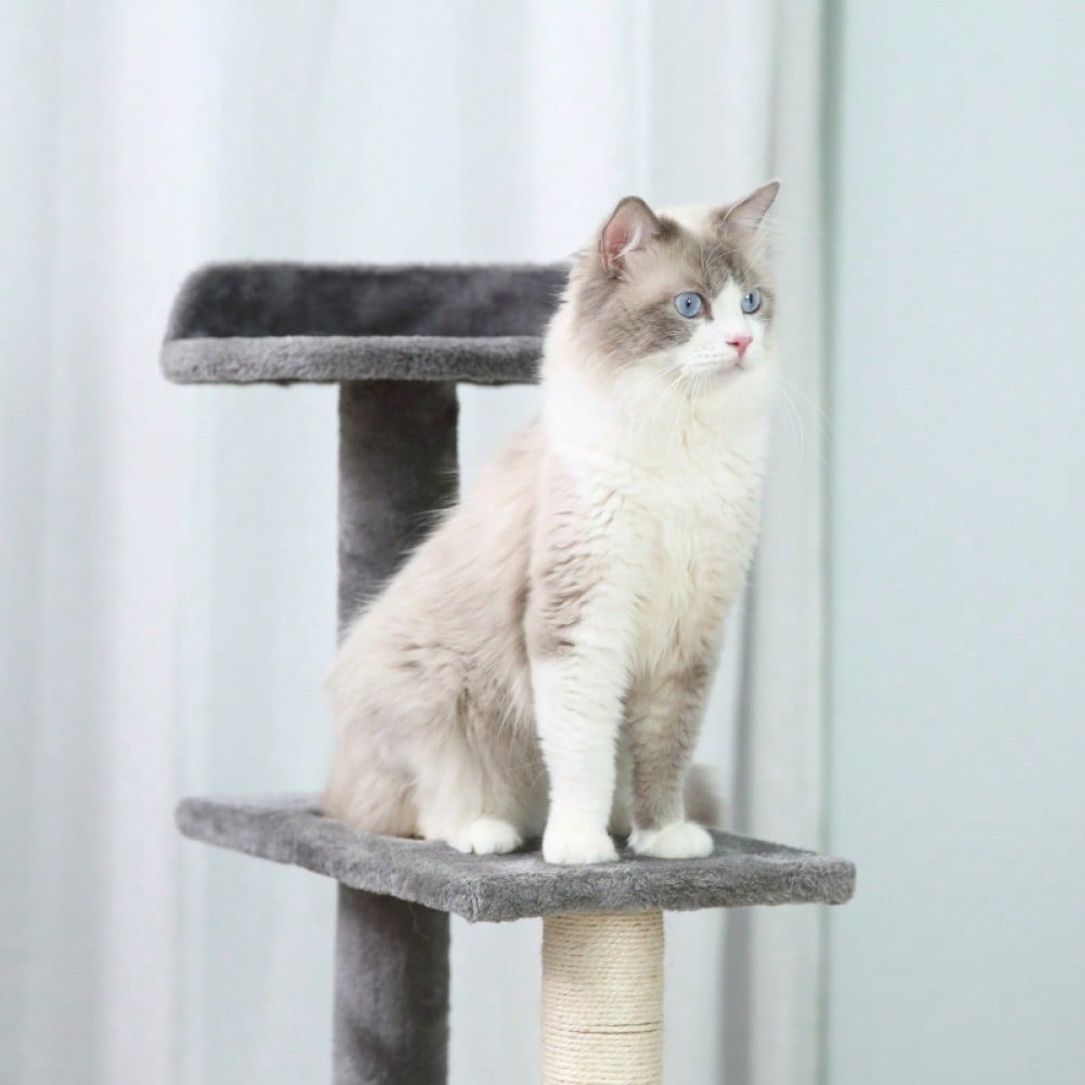 PawHut Kratzbaum für Katzen mit 5 Ebenen & Treppe, Kletterbaum Spielbaum 48,5x48,5x100 cm, beige/grau
