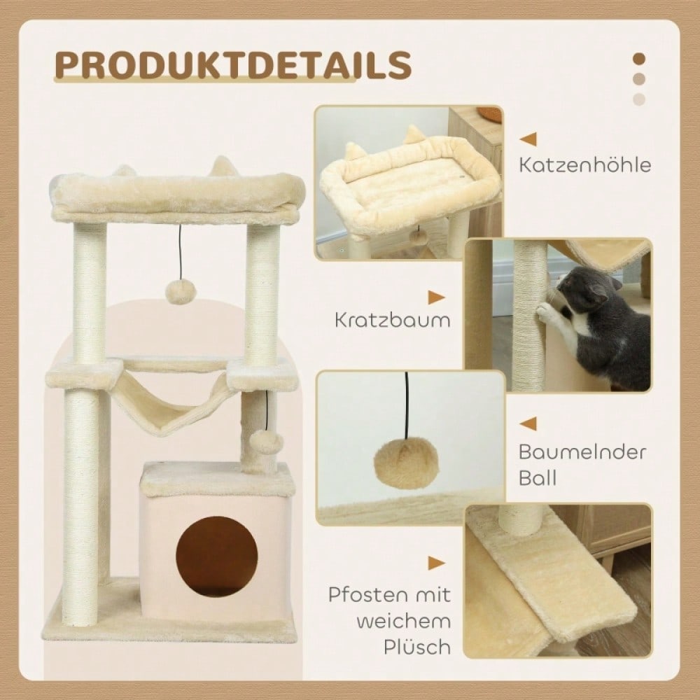PawHut Kratzbaum für Katzen mit Spielzeug, Sitzstange & Hängematte, 48x48x90 cm, creme