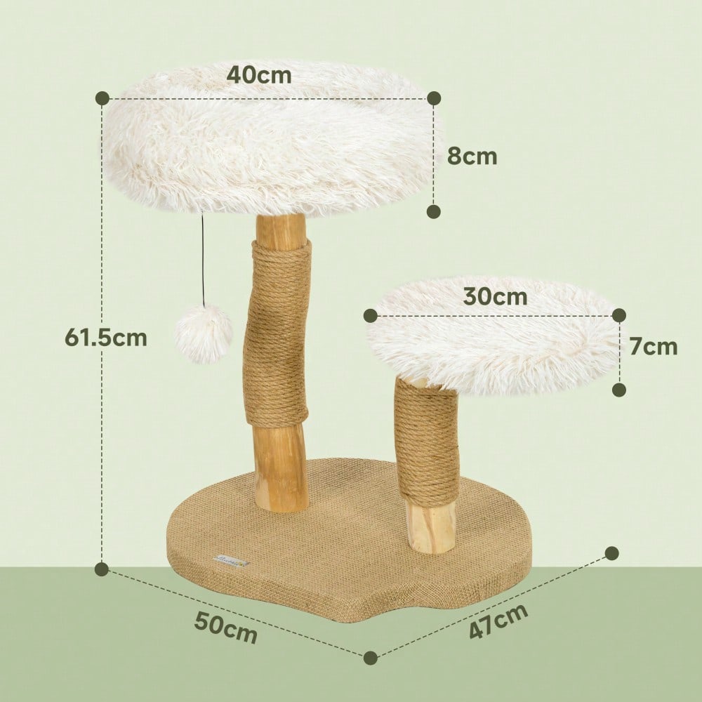 PawHut Kratzbaum mit Spielball & Schlafplätzen, Katzenturm aus Birnbaumholz mit Kratzbrett für Katzen bis 5 kg, 61,5 cm, weiß