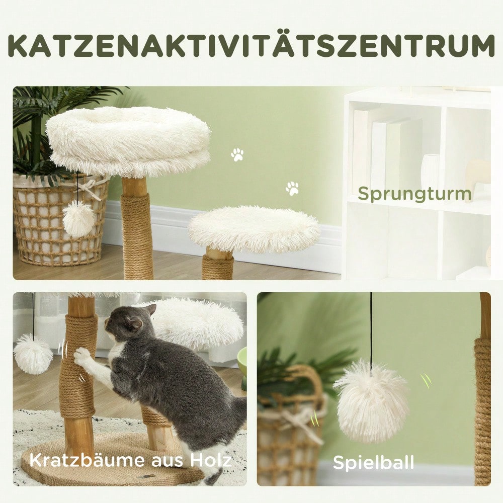 PawHut Kratzbaum mit Spielball & Schlafplätzen, Katzenturm aus Birnbaumholz mit Kratzbrett für Katzen bis 5 kg, 61,5 cm, weiß
