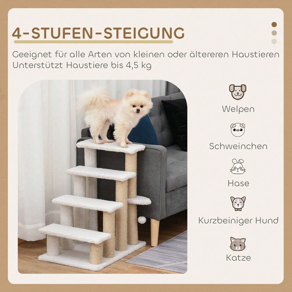 PawHut 4-stufige Haustiertreppe mit Kratzbaum für Katzen & Hunde, aus Spanplatte mit Plüsch & Jute, 60x40x64 cm, weiß