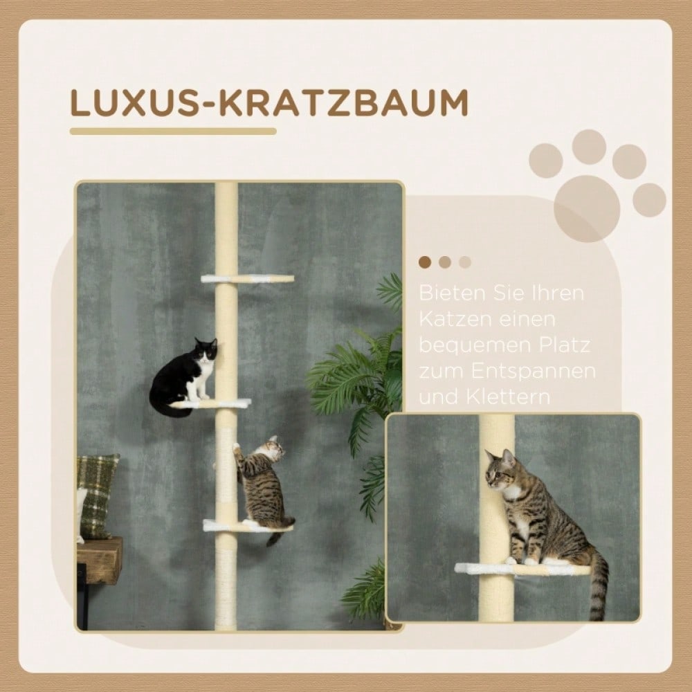 PawHut Höhenverstellbarer Kratzbaum mit Sisalseil-Pfosten & Anti-Rutsch, 220-260x47x34 cm, gelb/weiß/blau