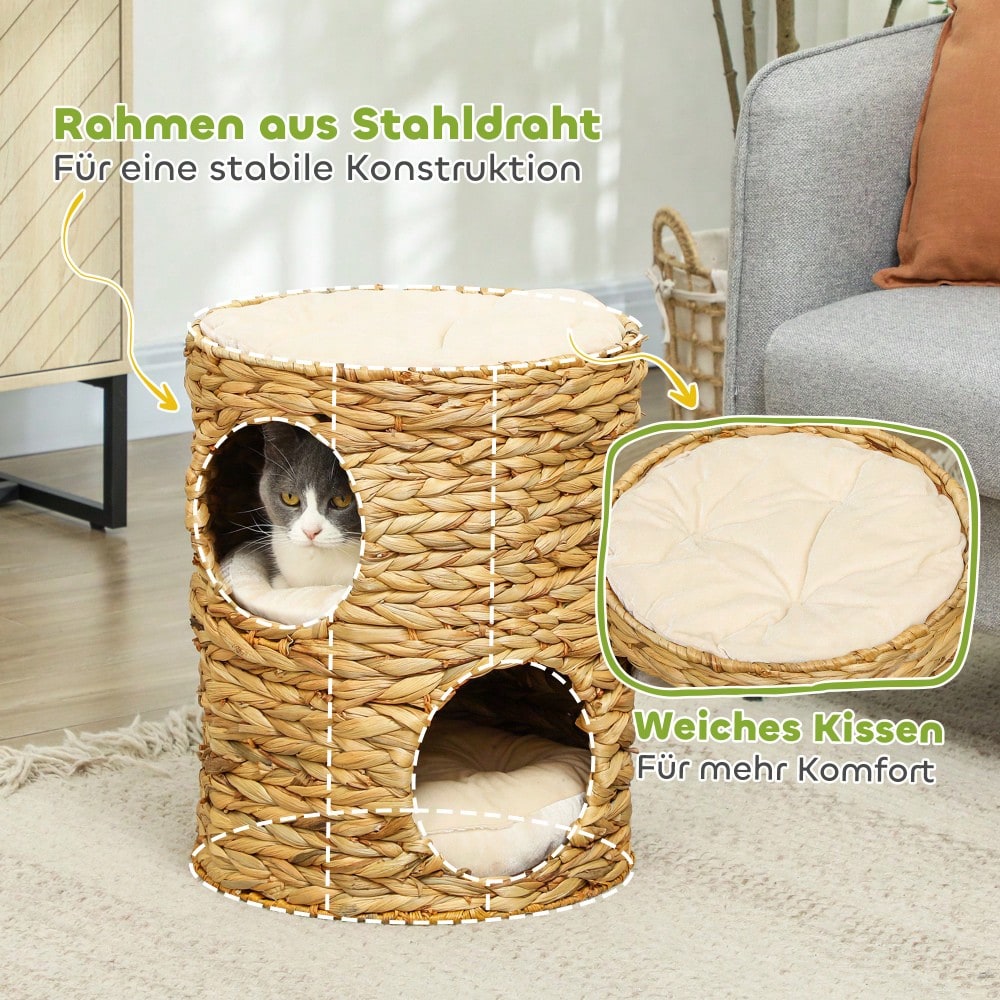 PawHut Kratztonne für Katzen aus Wasserhyazinthe mit Kissen & 2 Schlafhöhlen, Katzenturm mit Kratzfläche bis 3,5 kg, 50 cm, hellbraun