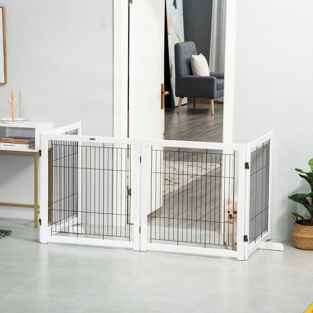 PawHut Türschutzgitter aus Holz & Stahl, Absperrgitter für Hunde, Sicherheitsgitter 305x35,5x82 cm, weiß