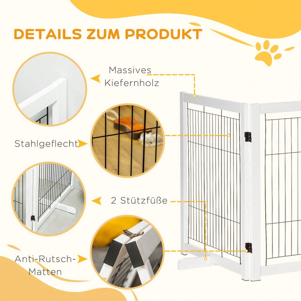 PawHut Türschutzgitter aus Holz & Stahl, Absperrgitter für Hunde, Sicherheitsgitter 305x35,5x82 cm, weiß