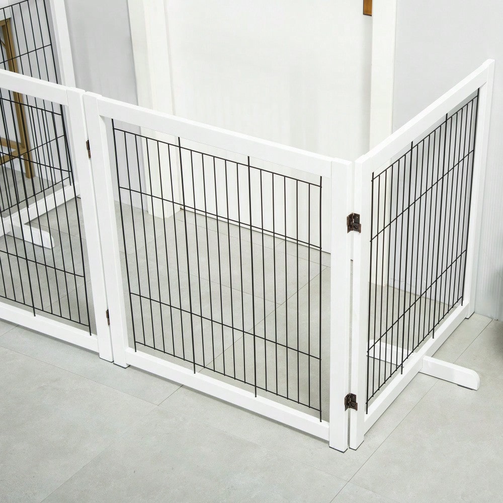 PawHut Türschutzgitter aus Holz & Stahl, Absperrgitter für Hunde, Sicherheitsgitter 305x35,5x82 cm, weiß