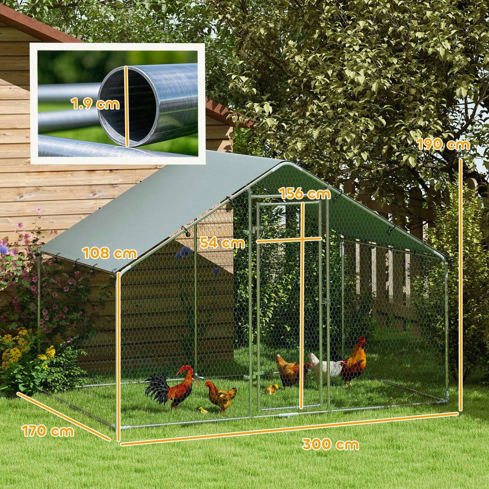 PawHut Hühnerstall aus verzinktem Stahl mit wasserdichtem UV-Schutzdach, Freilaufgehege 3x1,7x1,9 m für Hühner & Kleintiere, silber