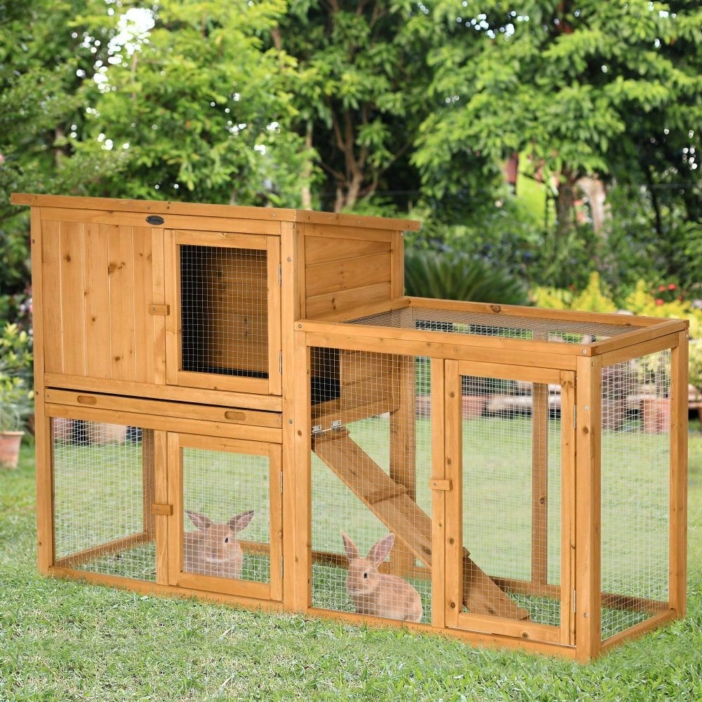 Kaninchenstall mit Bodenwanne | 141x60x86 cm | Für Außen & Innen | Aus Massivholz | Mit Rampe & Auslauf | Orange