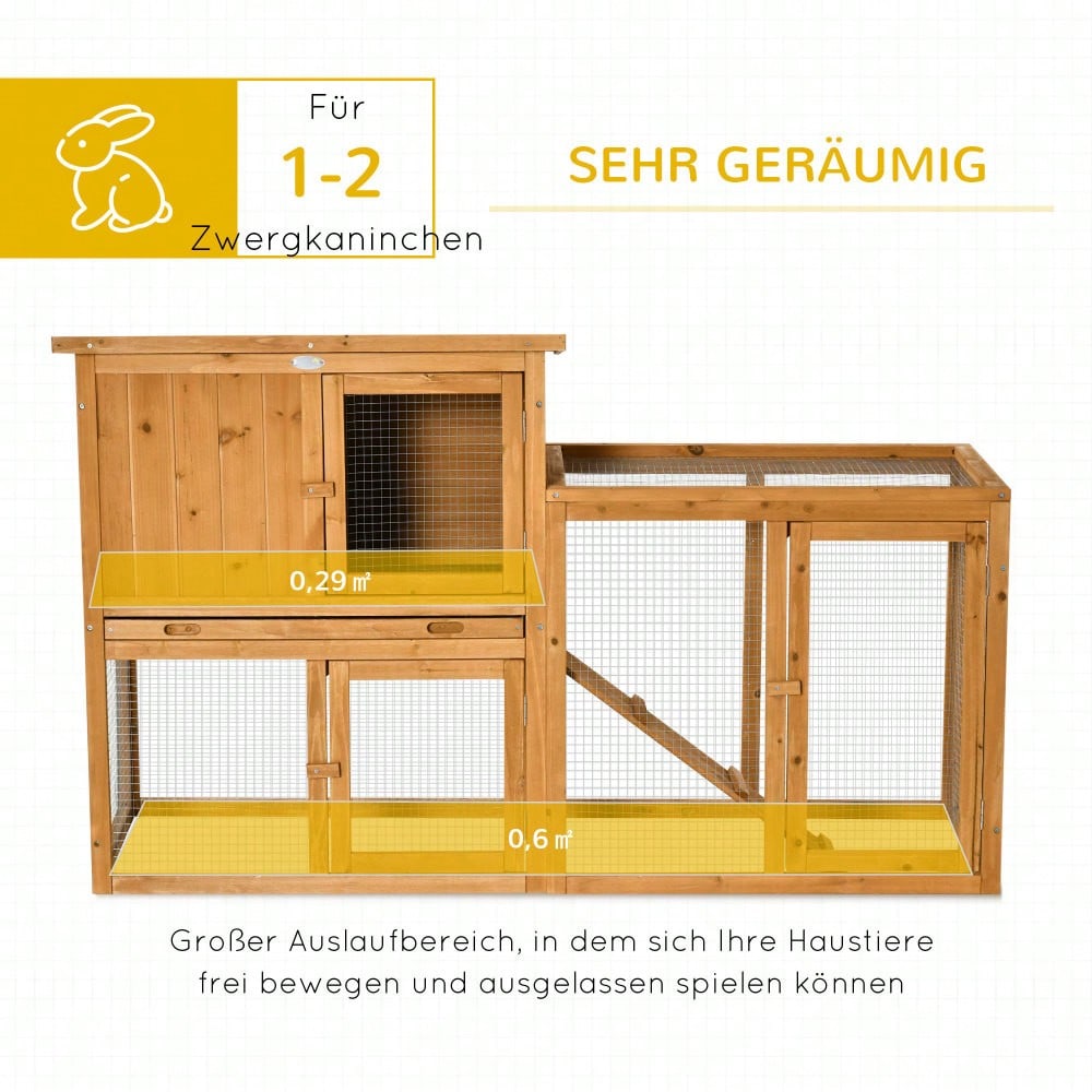 Kaninchenstall mit Bodenwanne | 141x60x86 cm | Für Außen & Innen | Aus Massivholz | Mit Rampe & Auslauf | Orange