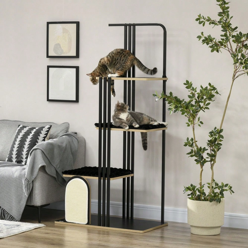 Kratzbaum für Katzen 170 cm hoch, mit Kissen, Kratzbrett & 3 Plattformen, stabiler Katzenbaum aus Stahl, schwarz - von PawHut