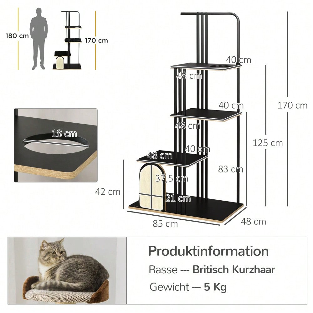 Kratzbaum für Katzen 170 cm hoch, mit Kissen, Kratzbrett & 3 Plattformen, stabiler Katzenbaum aus Stahl, schwarz - von PawHut