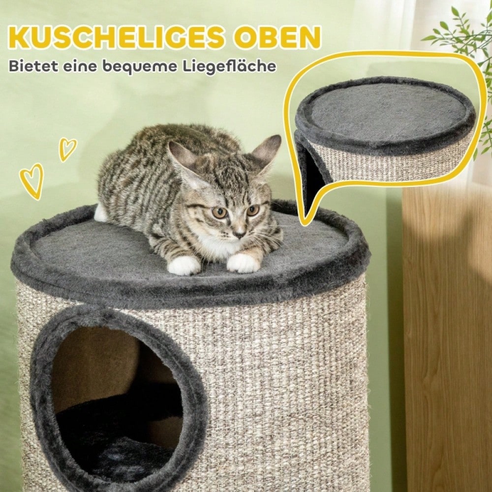Kratztonne für Katzen mit 3 Ebenen & Kratzfläche aus Sisal, 70 cm hoch, grau, 38x38 cm - von PawHut