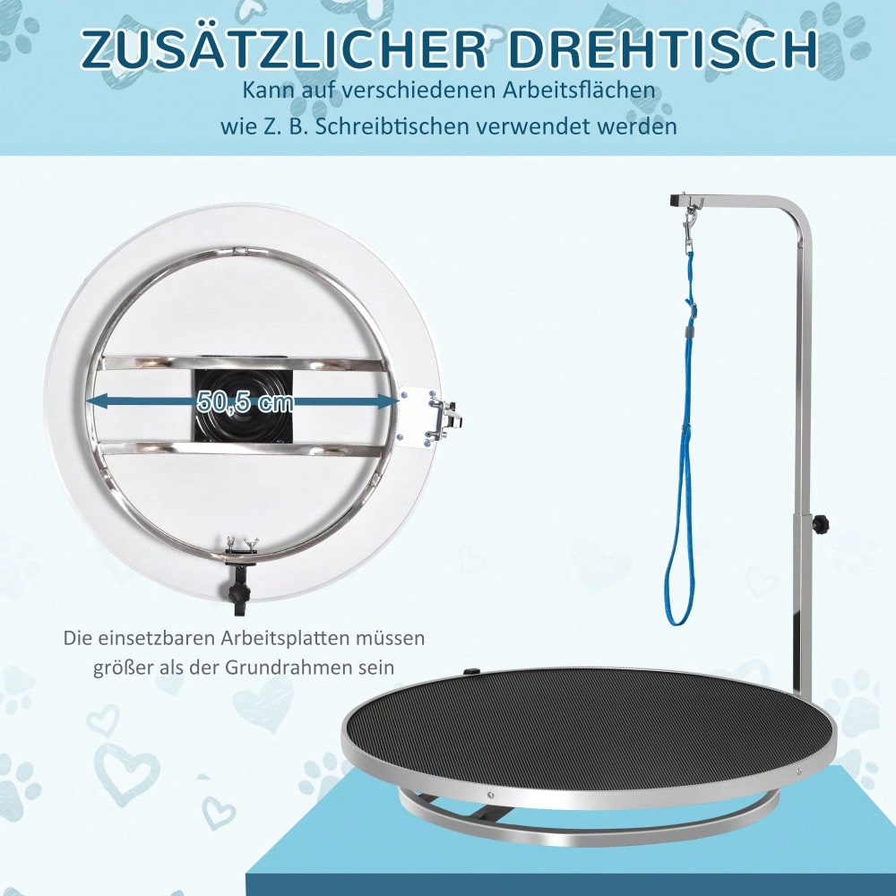 Professioneller Trimmtisch für Hunde & Katzen, drehbar mit verstellbarem Arm, rutschfeste Platte & Verriegelungssystem, Alu-Legierung - von PawHut