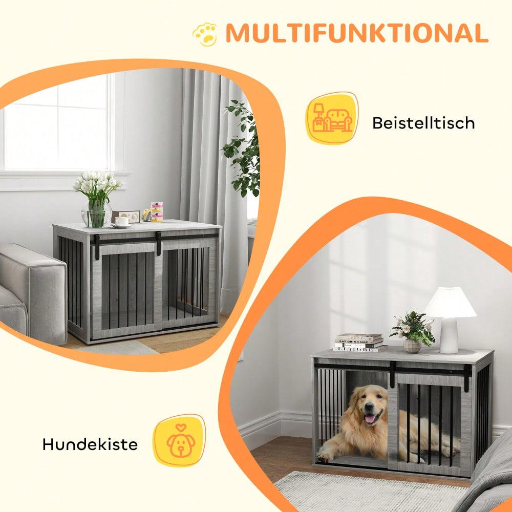 Hundekäfig für große Hunde bis 30 kg, abschließbar mit Schiebetür & Eingangsklappe, 98x58x61 cm, graue Hundebox für Zuhause als sicheres Hundehaus - von PawHut