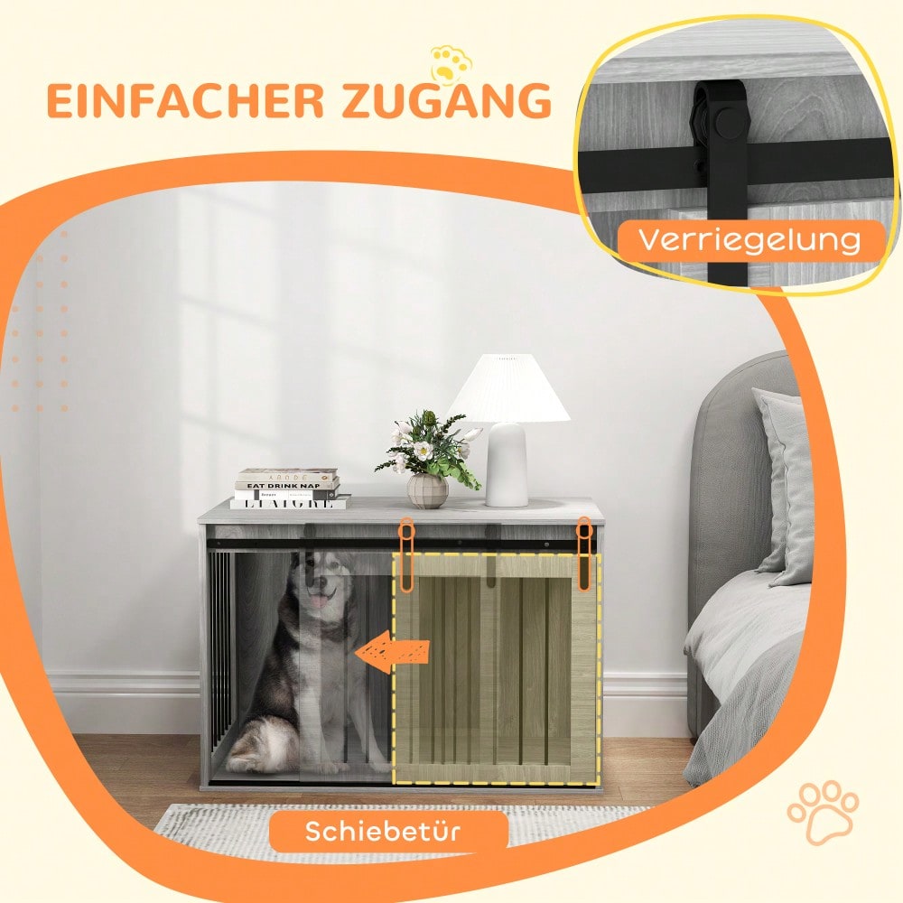 Hundekäfig für große Hunde bis 30 kg, abschließbar mit Schiebetür & Eingangsklappe, 98x58x61 cm, graue Hundebox für Zuhause als sicheres Hundehaus - von PawHut