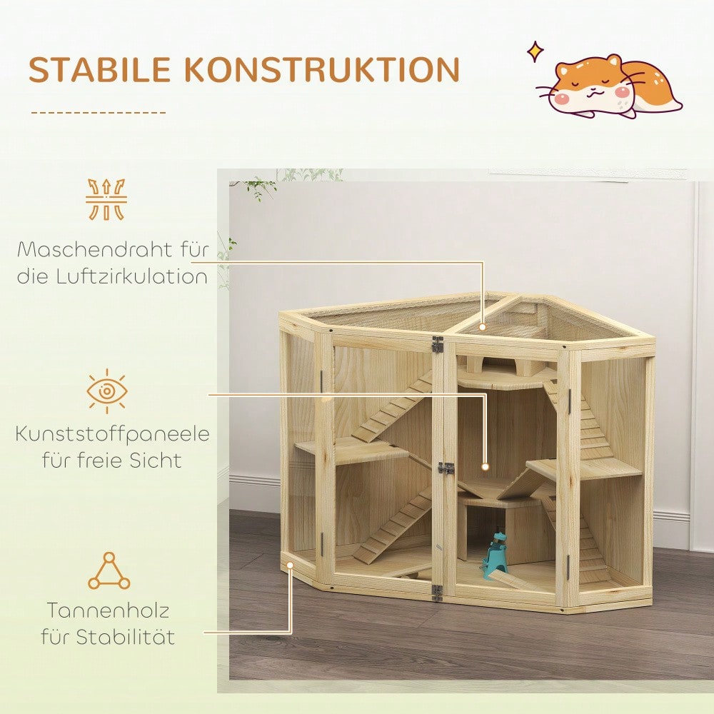 Hamsterkäfig aus Holz mit 4 Etagen, Komplett-Set mit Futterspender, Wippe, Rampen & Häusern, für syrische und zwerg Hamster, 115x69,5x79 cm - Nagerkäfig von PawHut