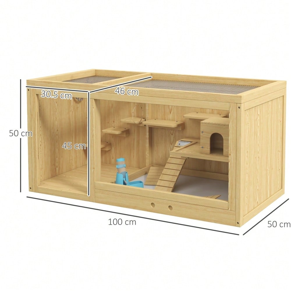 Hamsterkäfig aus Holz mit öffnendem Dach, 100 cm großer Kleintierstall inkl. Schaukeln, Leitern & Häusern, für Hamster & Gerbils, naturfarben - von PawHut