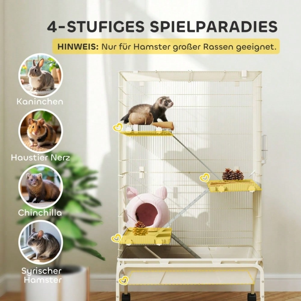 Kleintierkäfig mit 4 Etagen inkl. Futternapf & Trinkflasche, großer Nagerkäfig 88x48x150,5 cm, beige - von PawHut