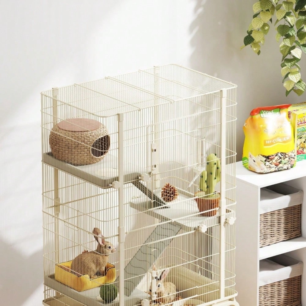 Kleintierkäfig mit 4 Etagen inkl. Futternapf & Trinkflasche, großer Nagerkäfig 88x48x150,5 cm, beige - von PawHut